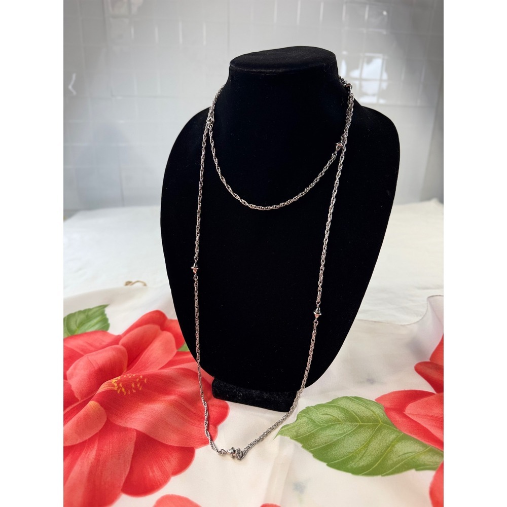 Monet Vintage Silver Tone Long‎ Station Rope Chain Necklace 50 Inch Saucer Bead